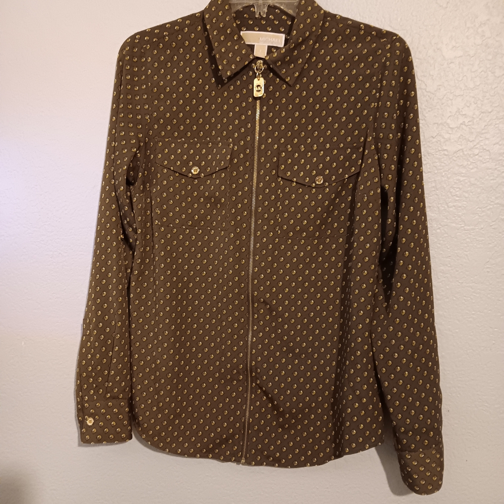 Michael Kores Size 2 Blouse Olive Patterned Office Top